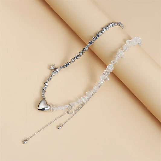 Heart Beaded Necklace Crystal Class Gravel Clavicle Chain