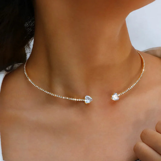 Rhinestone Large Pearls Heart Collar Choker Necklace