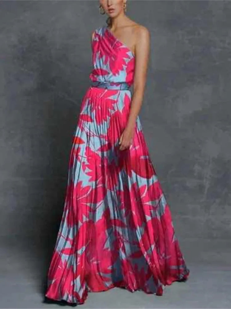 One Shoulder Print Off Loose Long Dress