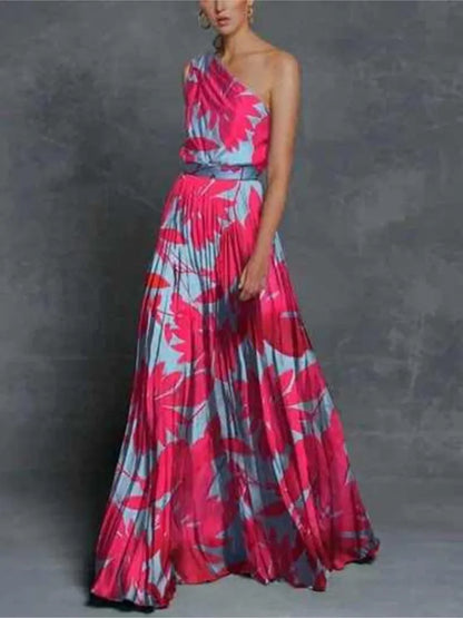 One Shoulder Print Off Loose Long Dress