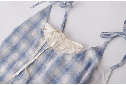 Fresh Plaid Lace Spliced Fake Two-piece Camisole Dresse