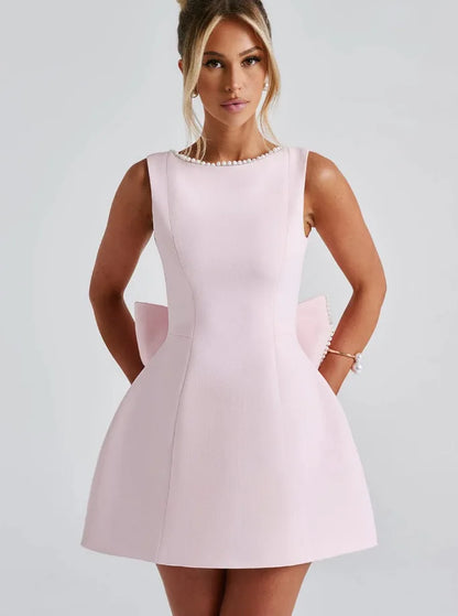 Elegant Pearl Bow Backless Short Dress