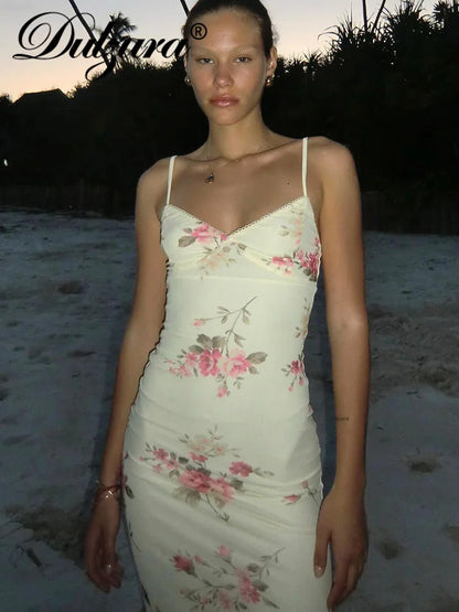 Floral Print Sleeveless Backless Bodycon Maxi Dresse