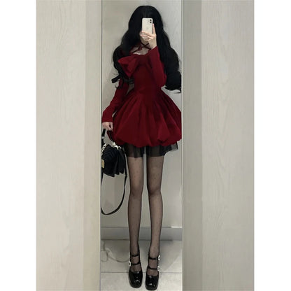 Slash Neck Red Velvet Dresse