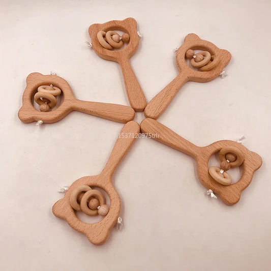 Wood Teether Rabbit Owl Beech Wooden Ring Rattles Chew Toy