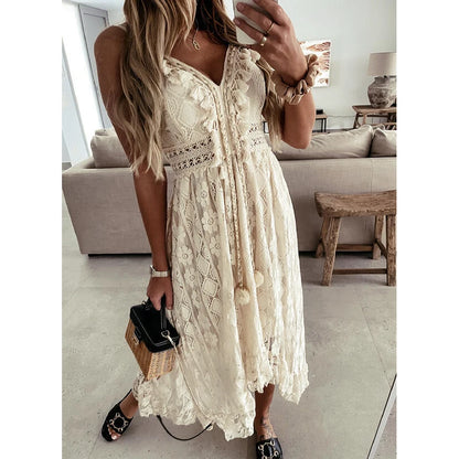 V Neck Flowy Ruffle Dress Retro Sexy Beach Holiday Dresses