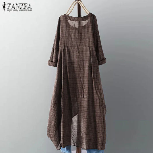 Vintage Long Sleeve Plaid Summer Maxi  Dresse