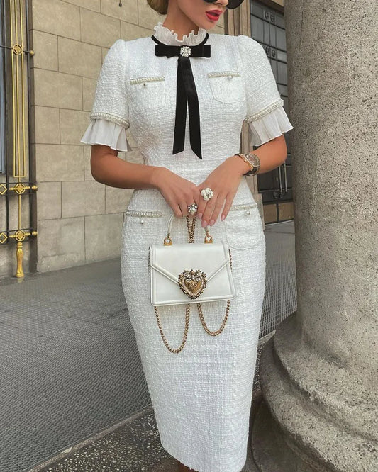 Slim Round Neck Short Sleeves Bow Fragrant Breeze White Dress