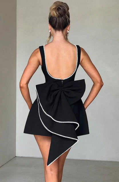 Elegant Pearl Bow Backless Short Dress