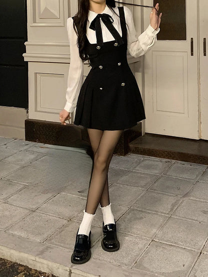 Fake Two Slim Chic Long Sleeve Bow Mini Dres