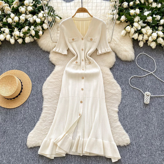 V Neck Button Design Slim Mermaid Sundress