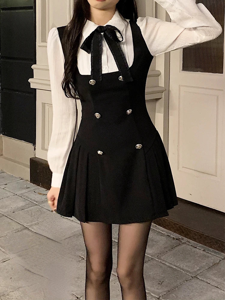 Fake Two Slim Chic Long Sleeve Bow Mini Dres