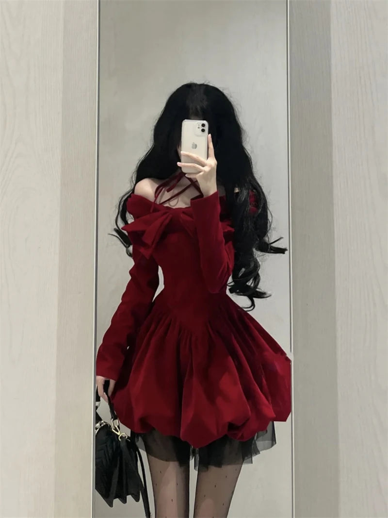 Slash Neck Red Velvet Dresse
