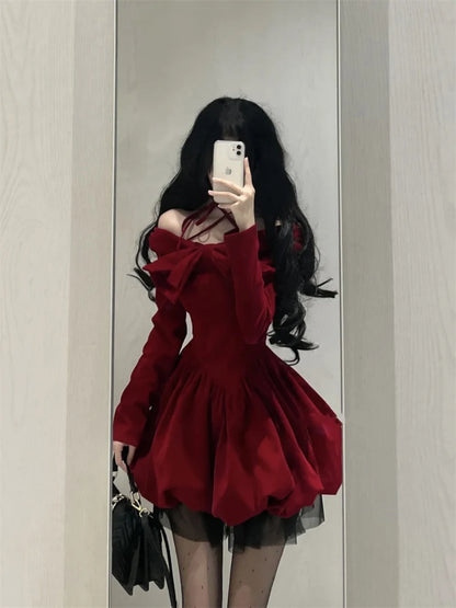 Slash Neck Red Velvet Dresse