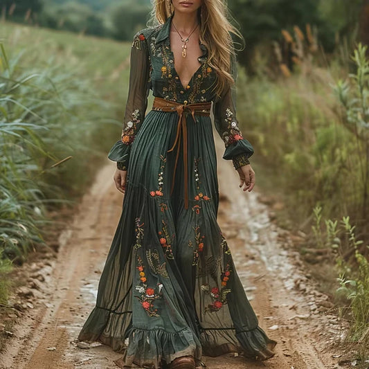 V-neck High Waist Pleated Autumn Dress