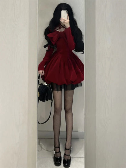 Slash Neck Red Velvet Dresse