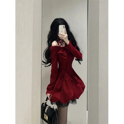 Slash Neck Red Velvet Dresse