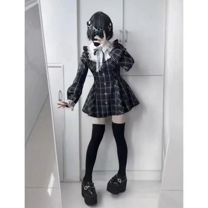 Sweet Bow Black Plaid Kawaii Lolita Dress