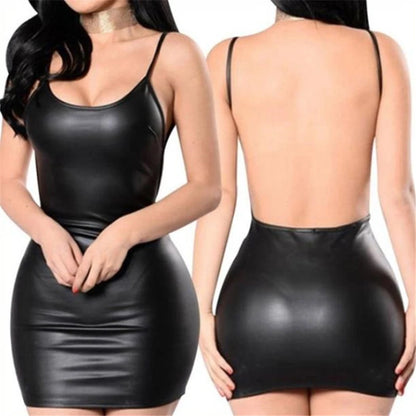 Faux Leather Dress Backless Short Dress
