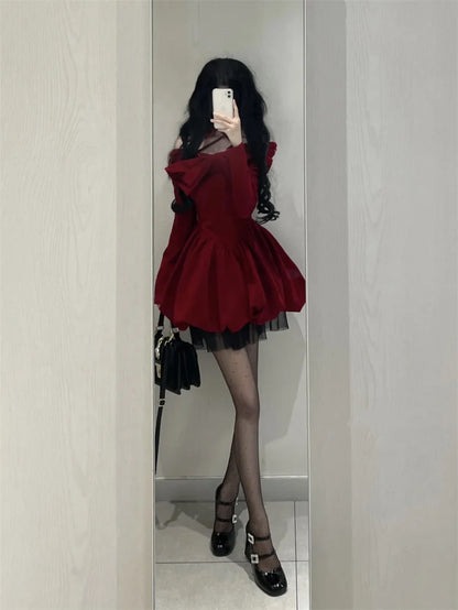 Slash Neck Red Velvet Dresse