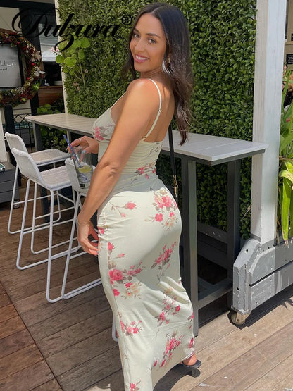 Floral Print Sleeveless Backless Bodycon Maxi Dresse
