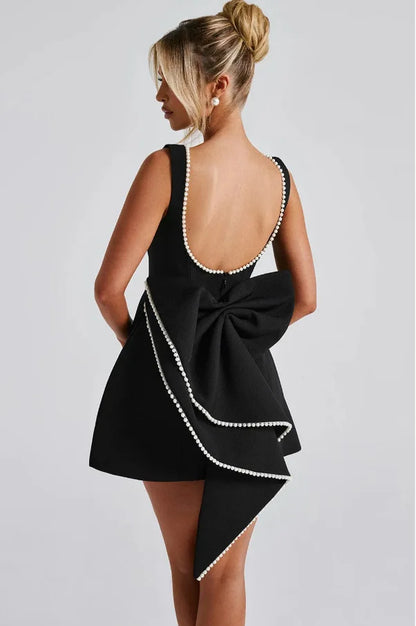 Elegant Pearl Bow Backless Short Dress