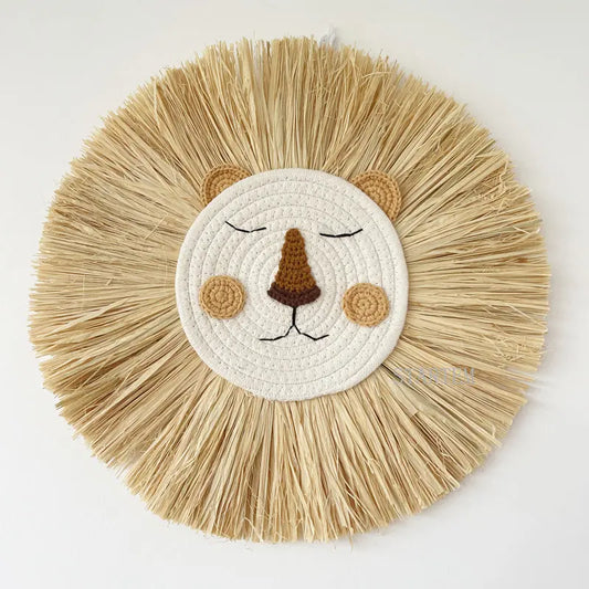 Lion Wall Decor Cotton Thread Straw Woven Animal Head Wall Hanging