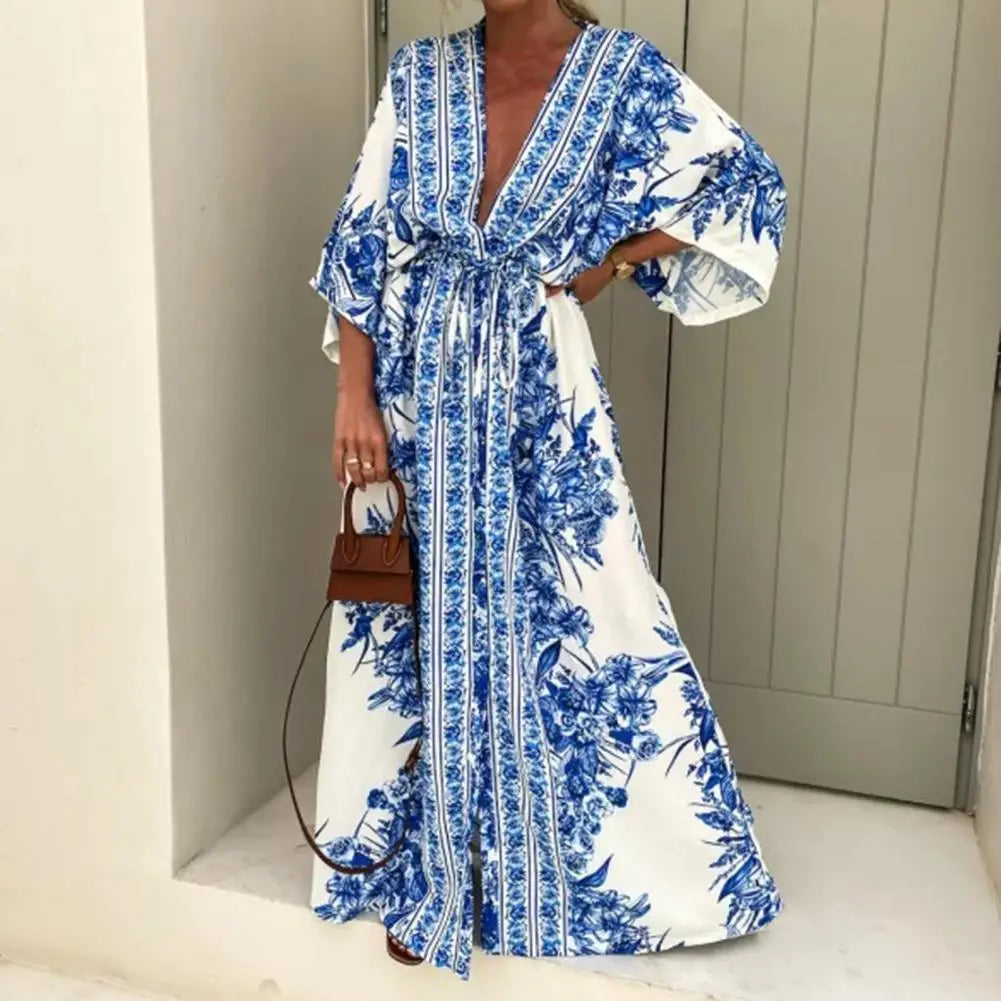 V-Neck Tie-Up Large Hem Maxi Dress