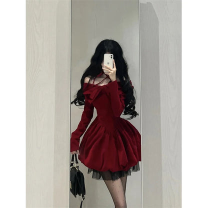 Slash Neck Red Velvet Dresse