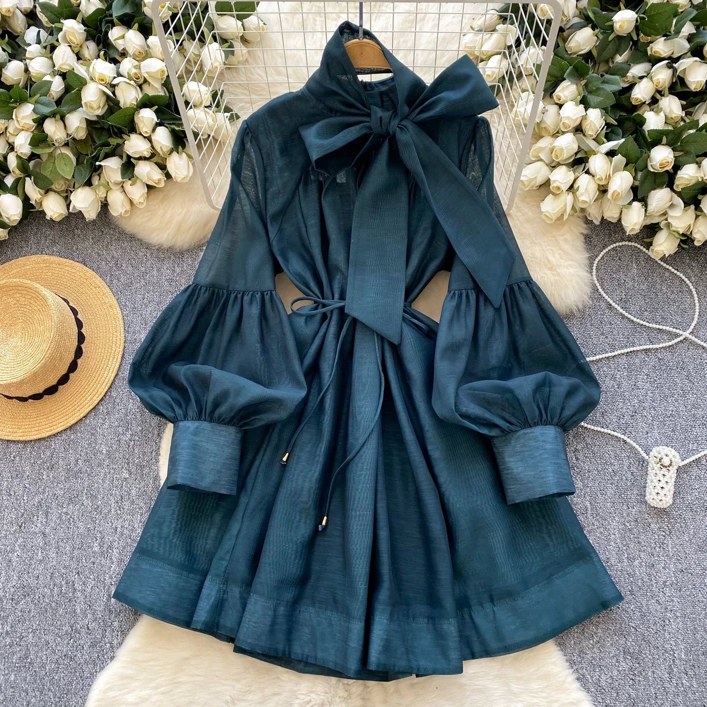 Vintage Lace-up Chic Lantern Sleeves Slim Long Dress