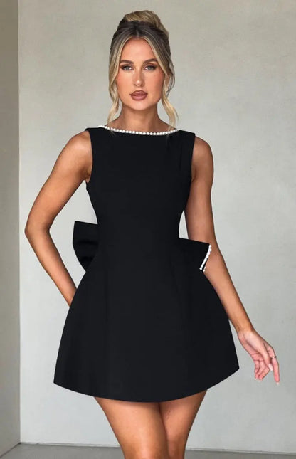 Elegant Pearl Bow Backless Short Dress