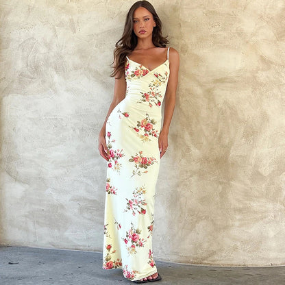 Floral Print Sleeveless Backless Bodycon Maxi Dresse